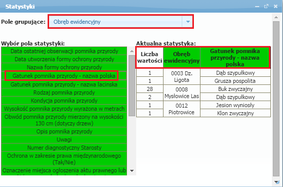 1 okno statystyki po gatunku i obrebie